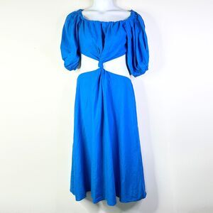 Farm Rio Dress Women L Blue Midi Cutout Puff Slv Linen Coquette Bohemian NWT